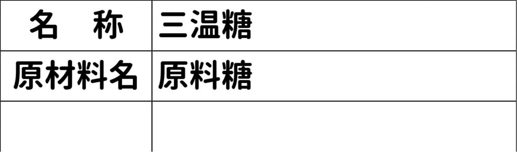 一括表示（食品表示）、名称 三温糖、原材料名 原料糖